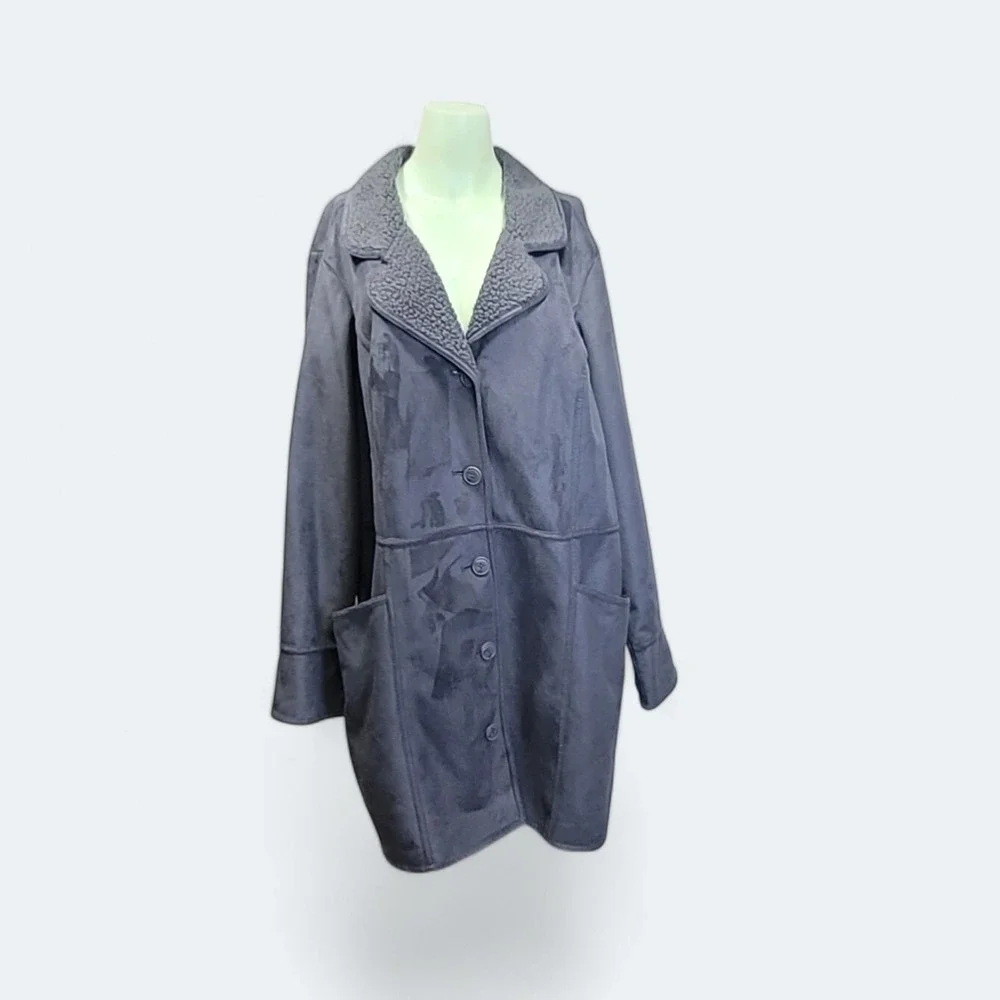 Denim & Co Coat Size 2XL Women's Grey Long Faux Suede & Sherpa Lined